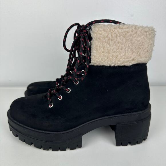 Forever 21 Womens Lace-Up Chunky Heel Fleece Faux Suede Black/Beige Booties 6 - Picture 2 of 10